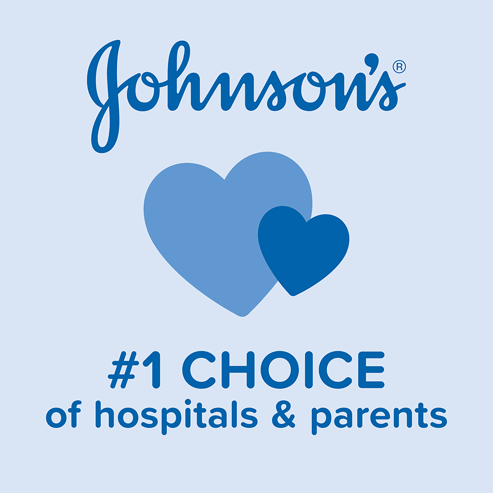 Dice "Johnson's, la primera opción de los hospitales y padres", con dos íconos de corazones azules.