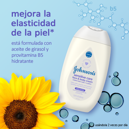 Botella de crema facial y corporal para bebé Johnson's Baby Sensitive Care, imagen de girasol y símbolos moleculares de B5. El texto dice: ayuda a mejorar la resistencia de la piel, con un uso de 2 veces al día. Formulado con aceite de girasol y Pro Vitamina B5.