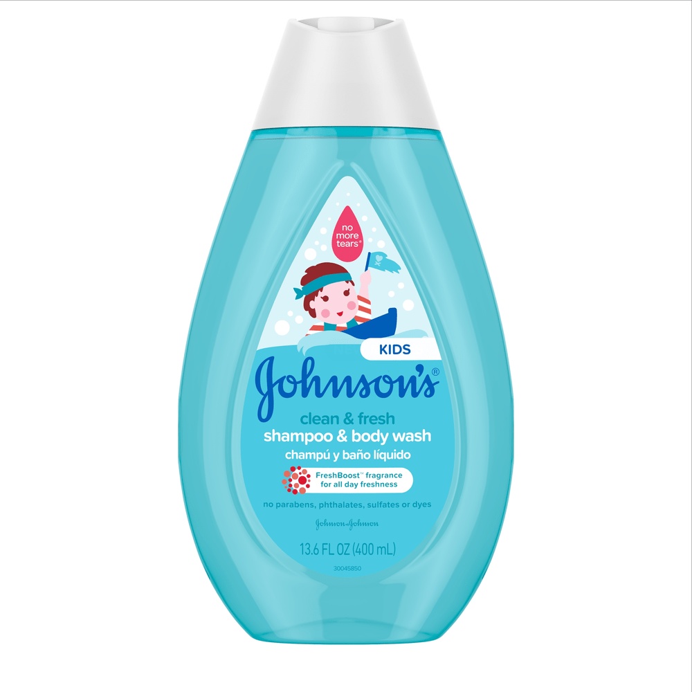 Envase de champú y jabón líquido para el cuerpo Johnson's Baby Kids Clean & Fresh, 13.6 fl oz, sin parabenos, ftalatos ni sulfatos, con un personaje de dibujos animados y fragancia FreshBoost.