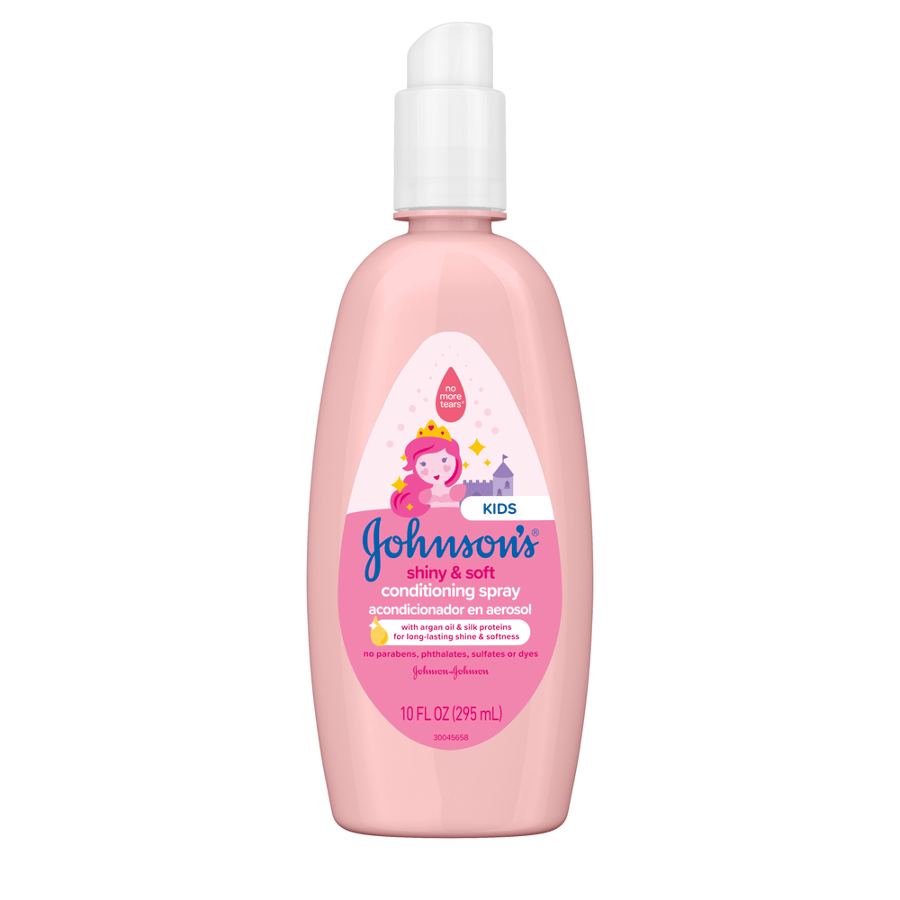 Spray acondicionador para niños Johnson's Kids Shiny & Soft, 10 FL OZ (295 mL), con aceite de argán y proteínas de seda. Sin parabenos, ftalatos, sulfatos ni colorantes.