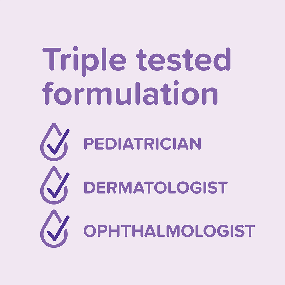 Gráfico morado que muestra que los productos de Johnson's tienen una formulación triplemente probada por pediatras, dermatólogos y oftalmólogos.