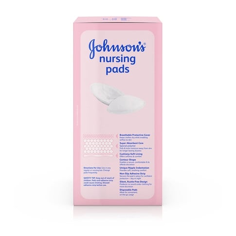 Una caja rectangular de color rosa con la etiqueta "Protectores para lactancia Johnson's" contiene un texto que detalla las características del producto. Se muestra la imagen de un protector para lactancia. El diseño del paquete parece estar destinado a las nuevas madres.