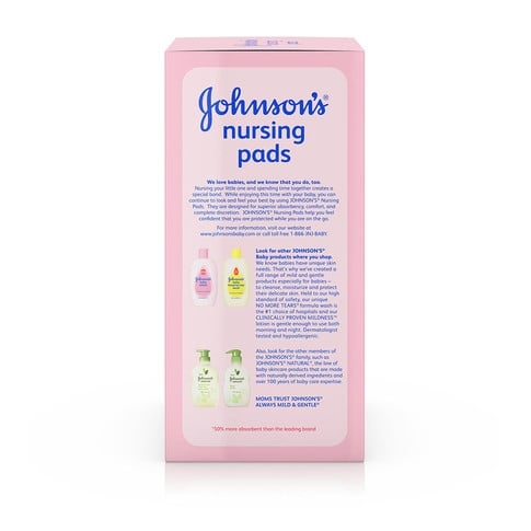 Un paquete rosa con la etiqueta "Protectores para lactancia Johnson's" presenta un texto que describe los beneficios del producto e instrucciones. Alrededor del texto hay símbolos que indican absorbencia y comodidad. El paquete se encuentra en posición vertical sobre un fondo blanco.