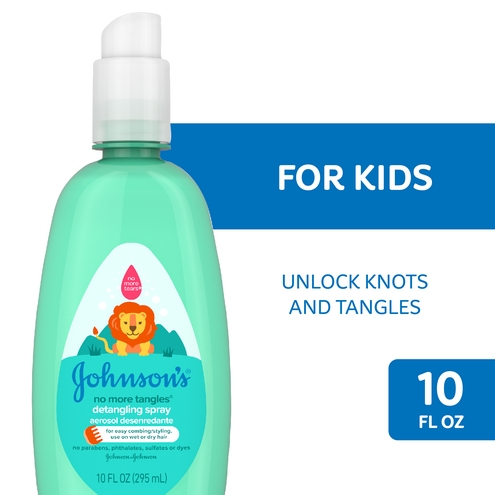 Botella de spray desenredante para niños No More Tangles Johnson's, de 10 onzas líquidas, con el texto "Desenreda los nudos".