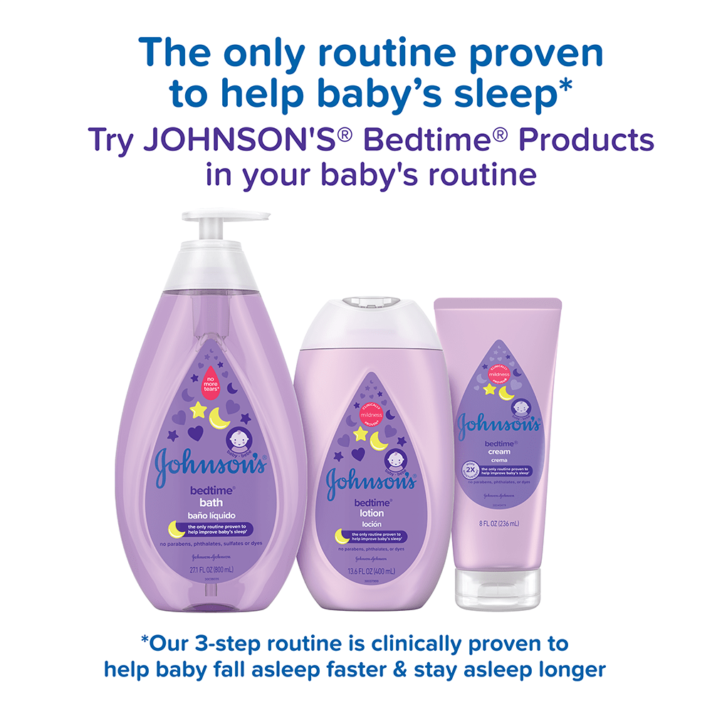 Productos de baño Johnson's Bedtime, baño líquido, loción y champú, con el texto: "La única rutina probada para ayudar a dormir al bebé. Nuestra rutina de 3 pasos está clínicamente probada para ayudar al bebé a conciliar el sueño más rápido y permanecer dormido por más tiempo. Pruébalo en la rutina de tu bebé.