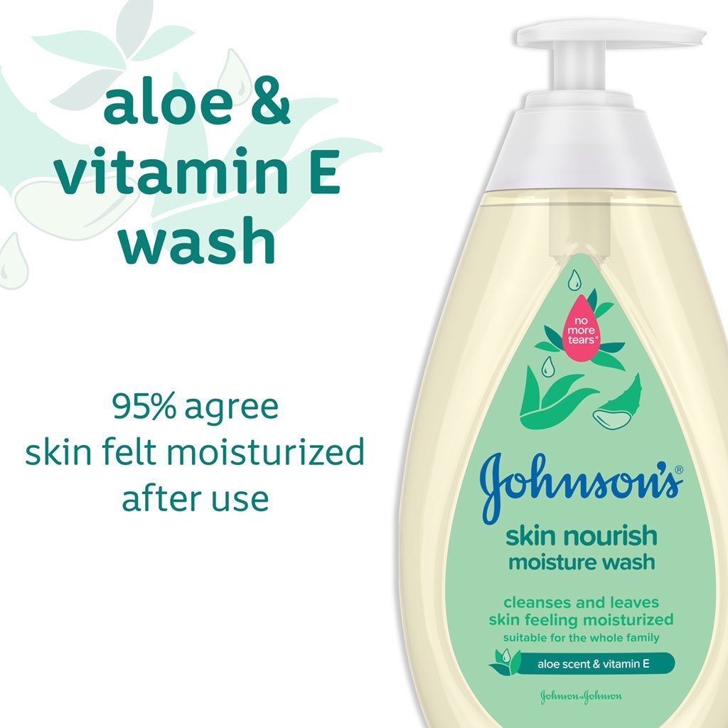 Envase de jabón líquido humectante Johnson's Skin Nourish aroma a aloe y vitamina E con un texto que indica que el 95% afirma que la piel se sintió hidratada después de su uso.