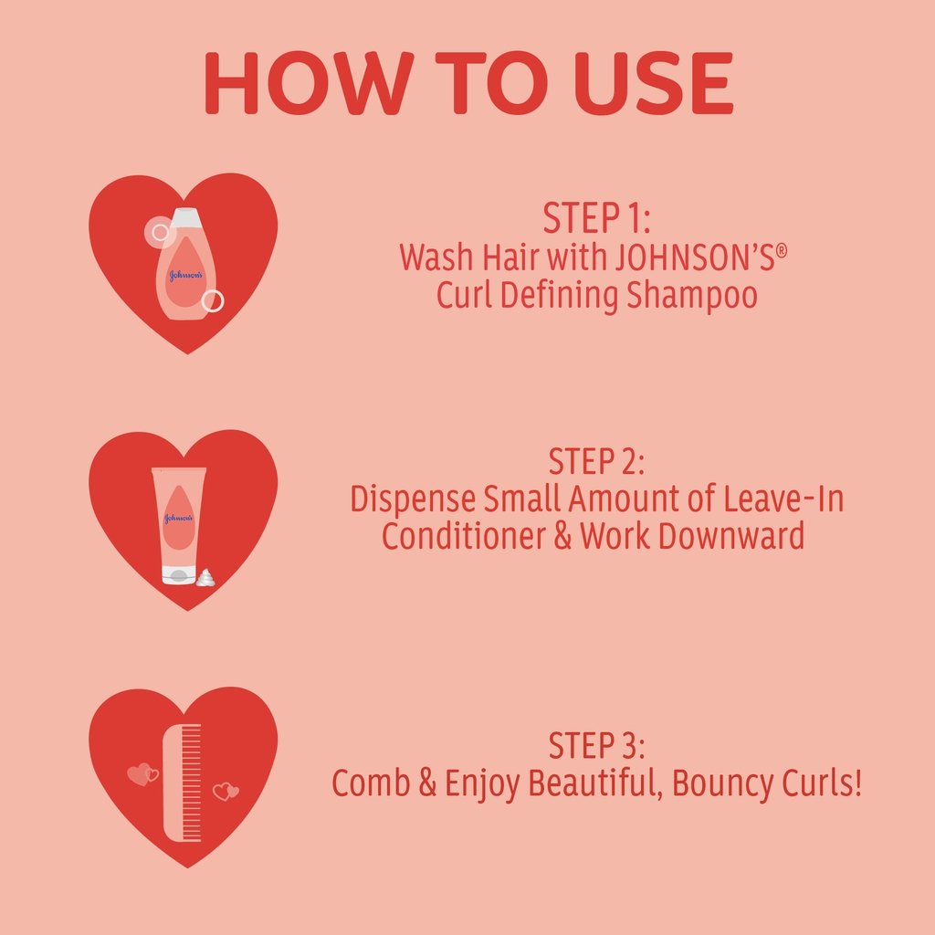 Instrucciones sobre cómo usar el champú Johnson's Curl Defining: Paso 1: lavar el cabello con champú. Paso 2: dispensar una pequeña cantidad de acondicionador sin enjuague y trabajar hacia abajo. Paso 3: peinar y disfrutar de unos rizos bonitos y elásticos.