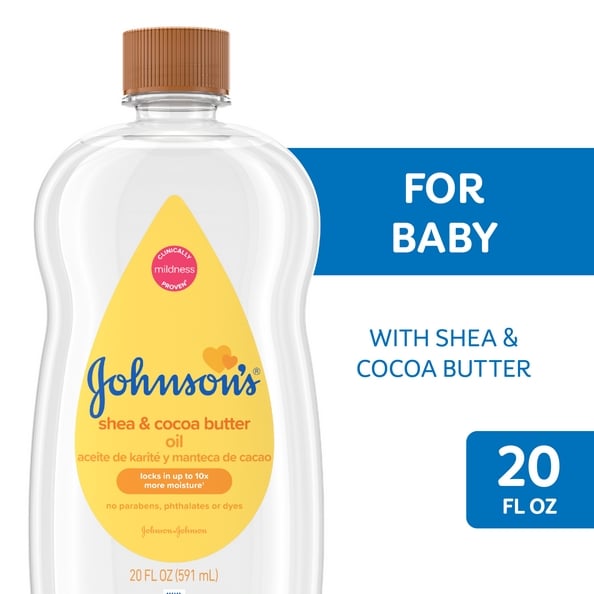 Aceite para bebé Johnson's Baby de manteca de karité y de cacao, botella de 20 onzas líquidas, con garantía de suavidad, sin parabenos, ftalatos ni colorantes, retiene hasta 10 veces más humedad, adecuado para bebés.