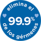 Insignia circular azul con texto en blanco "elimina el 99.9% de los gérmenes" y dos pequeños iconos de corazón a cada lado del texto, relacionada con los productos Johnson's Baby.