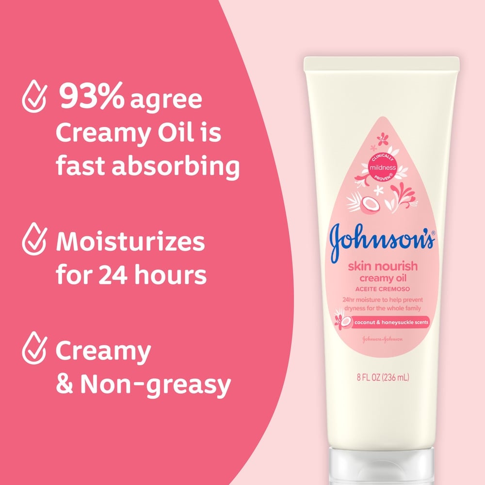 Un pomo blanco etiquetado como "aceite cremoso Johnson's Skin Nourish" con aroma de coco y madreselva se encuentra sobre un fondo rosa con el texto: "El 93% está de acuerdo en que el aceite cremoso es de rápida absorción, hidrata durante 24 horas, cremoso y no graso".