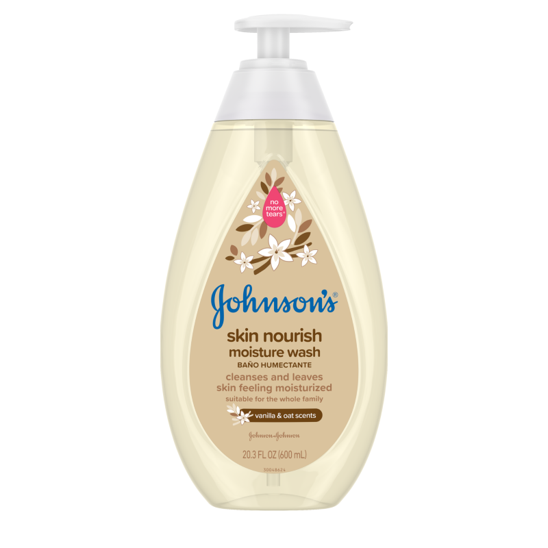 Jabón líquido humectante Johnson's Baby Skin Nourish con aromas de vainilla y avena, botella de 20.3 fl oz, limpia y deja la piel humectada, es apto para toda la familia.