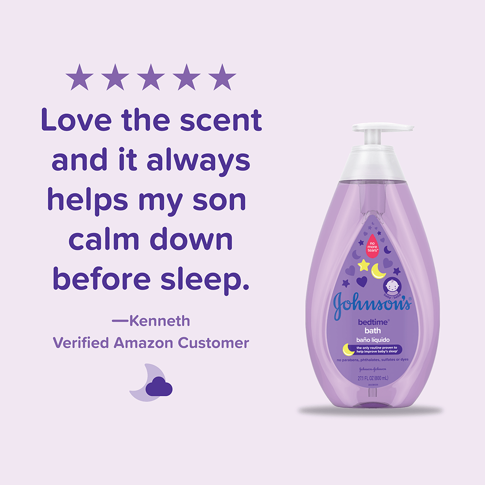 Reseña de un cliente: "Me encanta el aroma y siempre ayuda a mi hijo a calmarse antes de dormir" con una calificación de 5 estrellas y un frasco de jabón líquido Johnson's Bedtime.