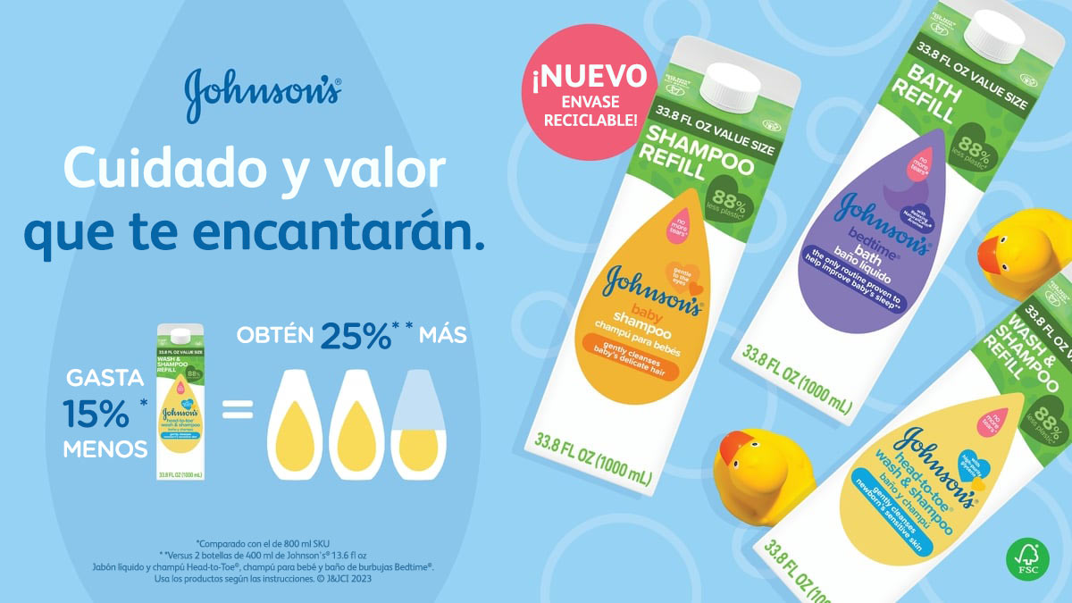 Envases de recarga de champú y baño líquido de Johnson's sobre un fondo azul, enfatizando "Cuidado y valor que te encantarán". Texto: "Gasta 15% menos, obtén 25% más", muestra los beneficios de utilizar envases de recarga reciclables de 33.8 fl oz.