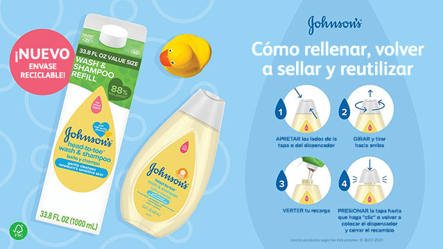 Cómo usar los productos jabón líquido para bebé recargables de Johnson's. Recargar, volver a sellar y reutilizar