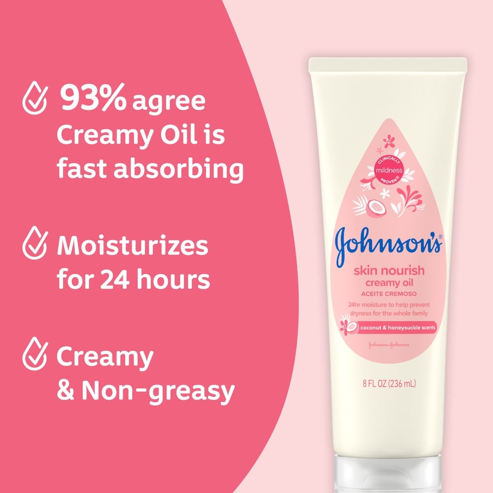 El aceite cremoso para bebé de Johnson's Baby es un humectante de rápida absorción que proporciona hidratación durante 24 horas.